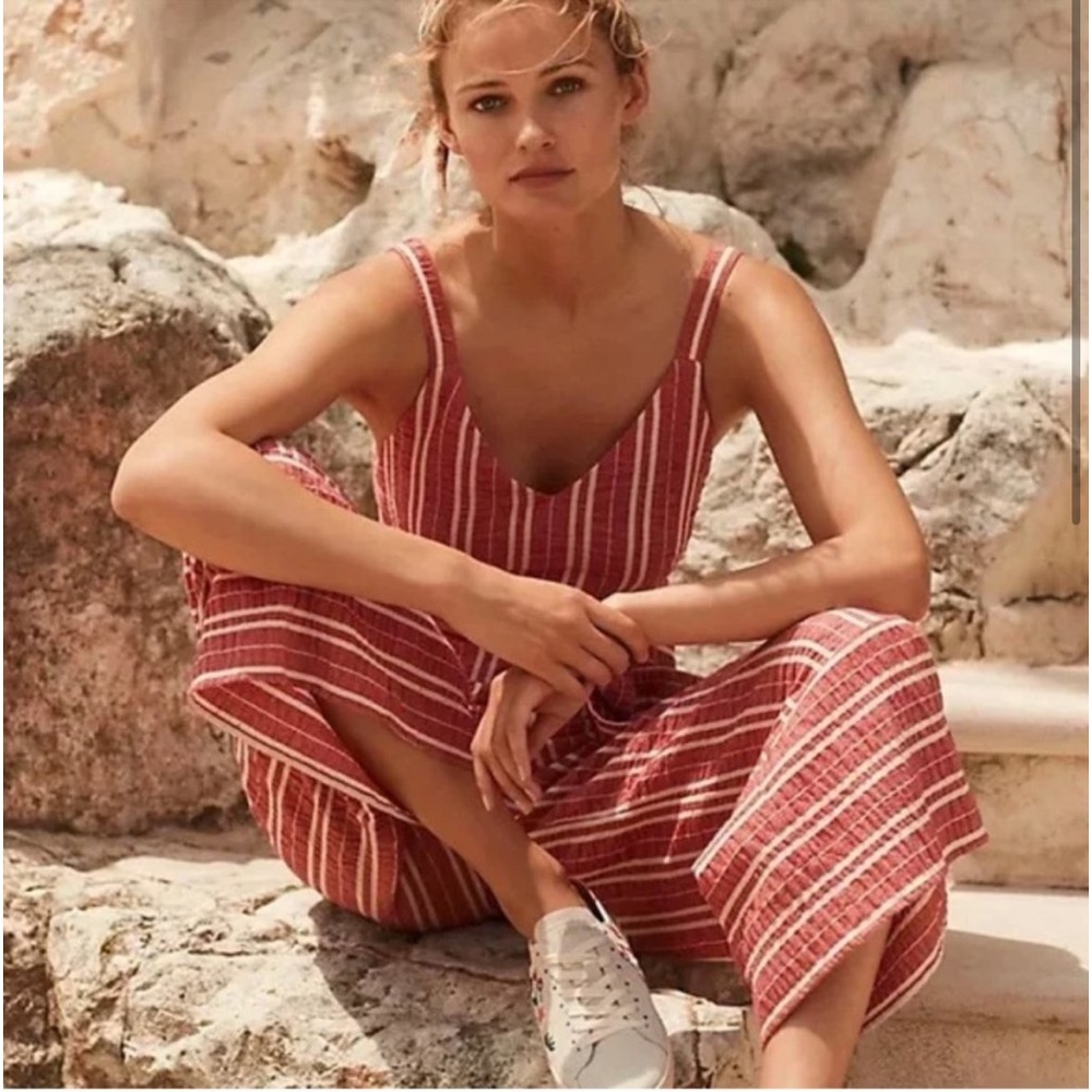 ETT:TWA red and white vertical striped Robin Jumpsuit from Anthropologie